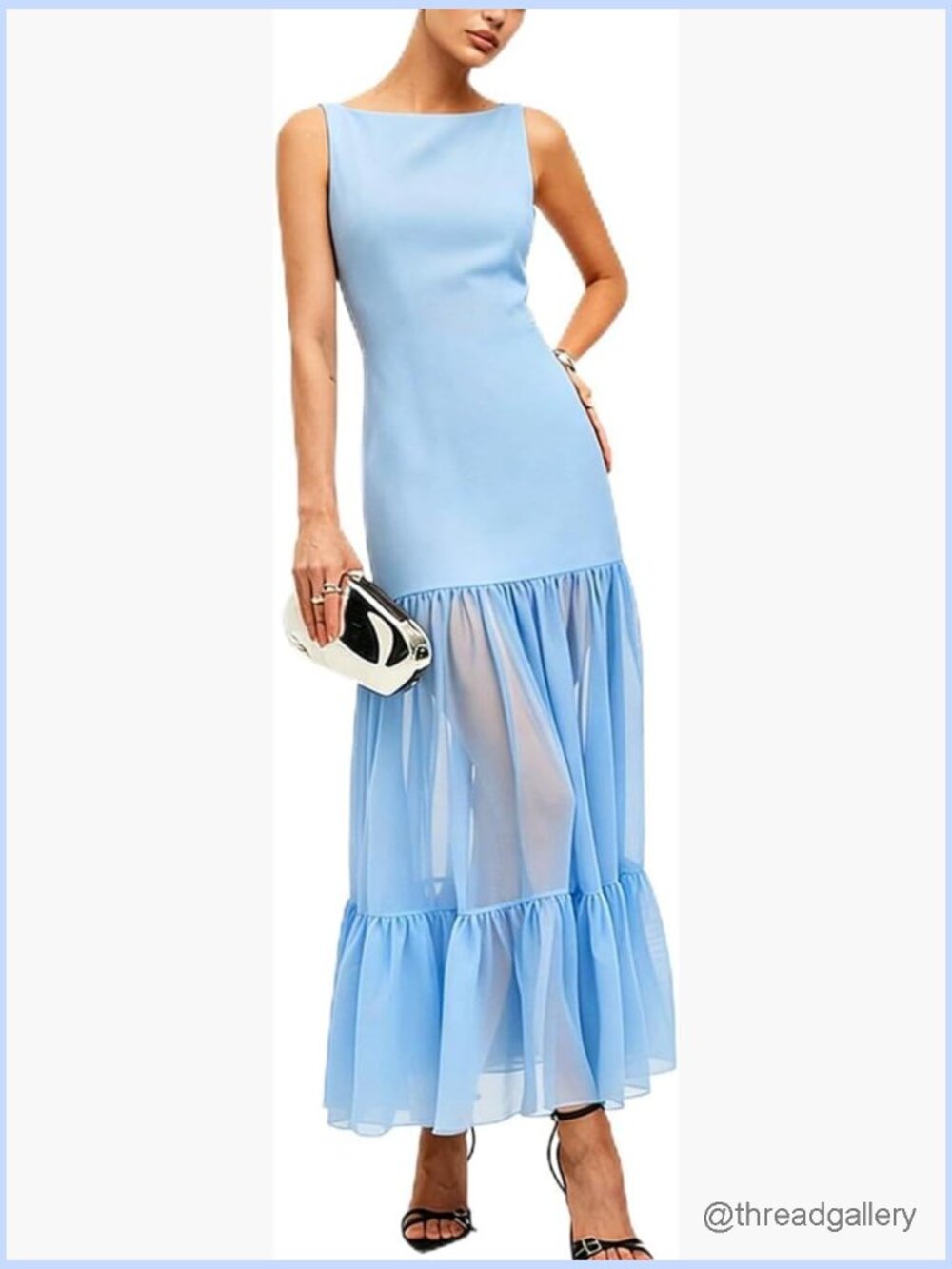 Sheer Backless Maxi Dress Boat Neck Sleeveless Prom Wedding Guest Dress